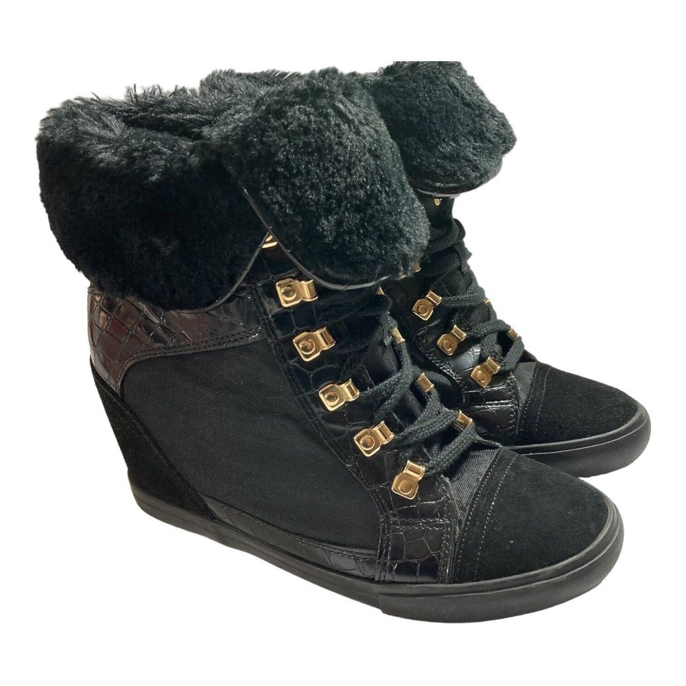Aldo Black Canvas/Suede Shearling Lined Ankle Boots Womens 10M EUC
